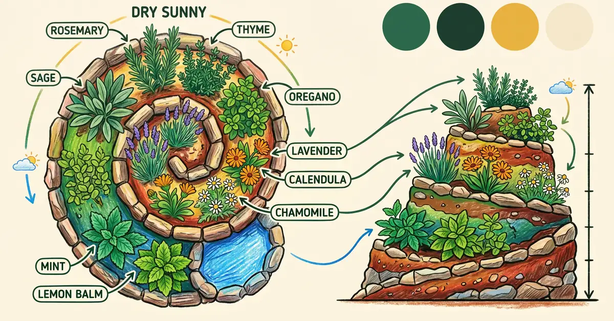 Educational diagram showing herb spiral viewed from above and from side with herbs labeled by sun and moisture preference
