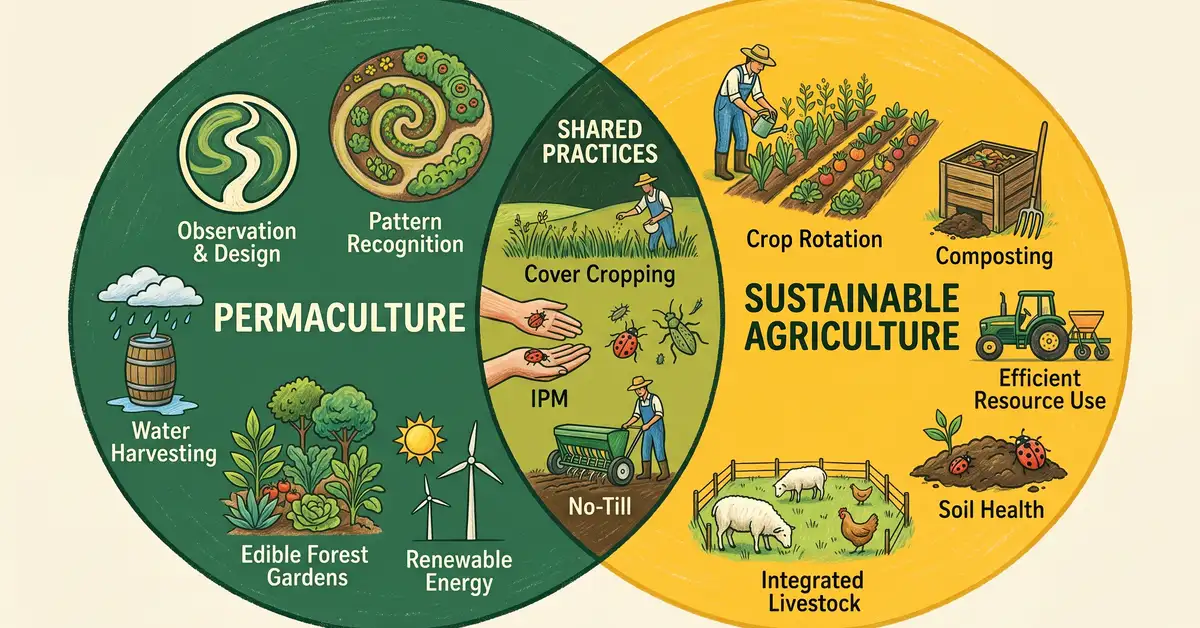 Pencil crayon Venn diagram showing permaculture and sustainable agriculture overlap and differences