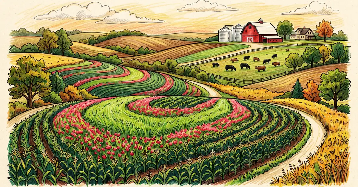 Large US sustainable agriculture farm with cover crops, contour planting and integrated livestock