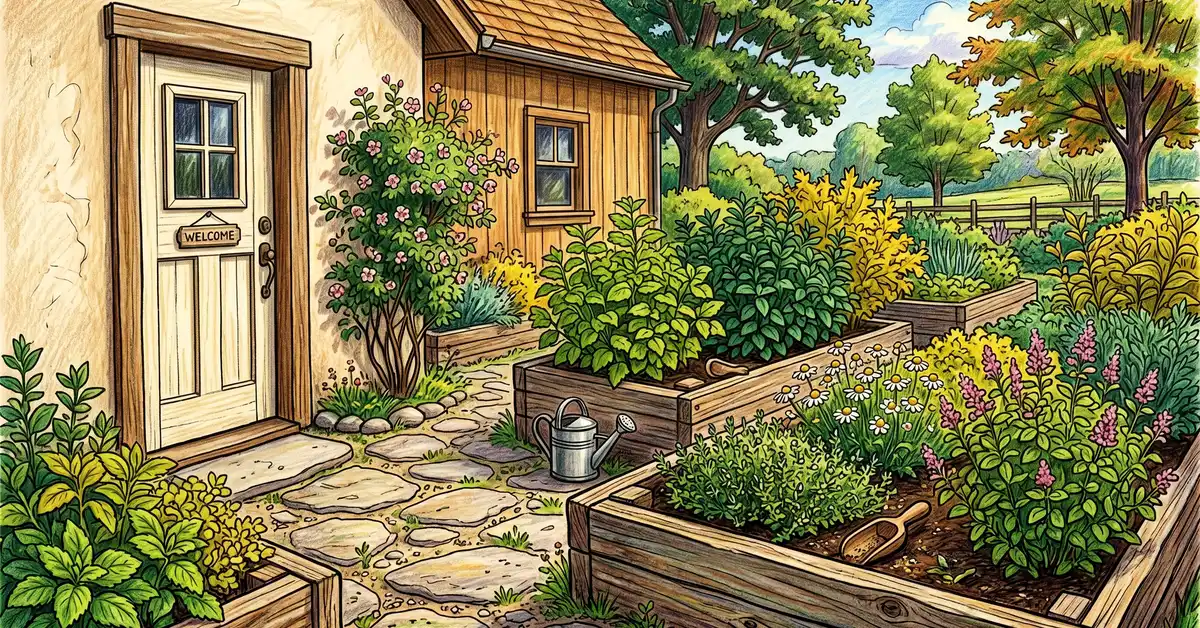 Permaculture zone 1 kitchen door medicinal herb garden in raised wooden beds outside a US farmhouse door