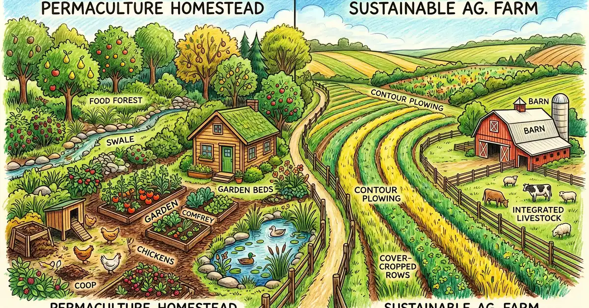 US permaculture homestead with chicken coop, food forest, swale, and house integrated into the design
