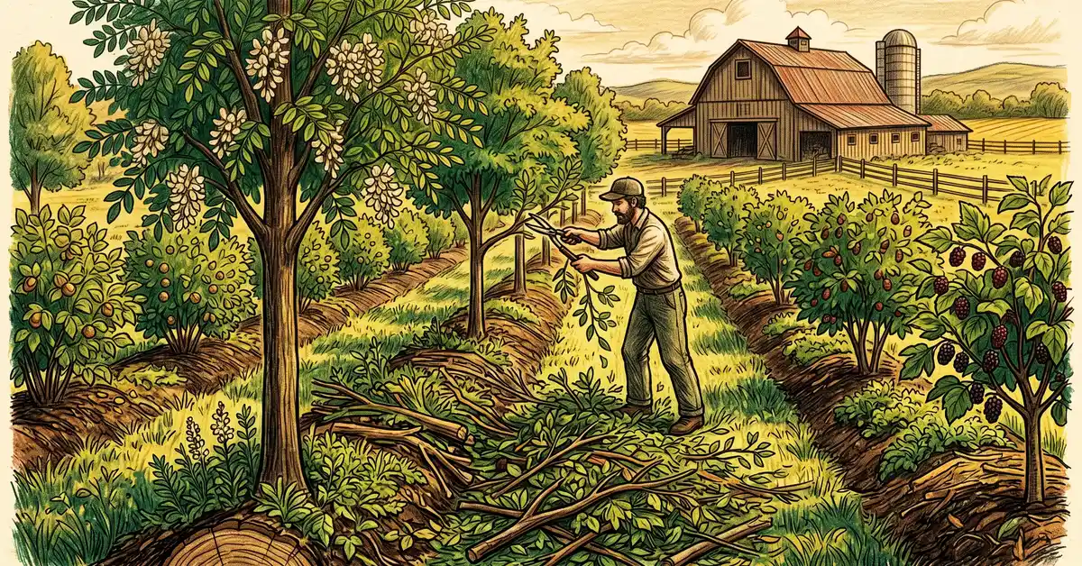 Pencil crayon illustration of a US temperate syntropic alley with mulberry coppice, comfrey, and elderberry