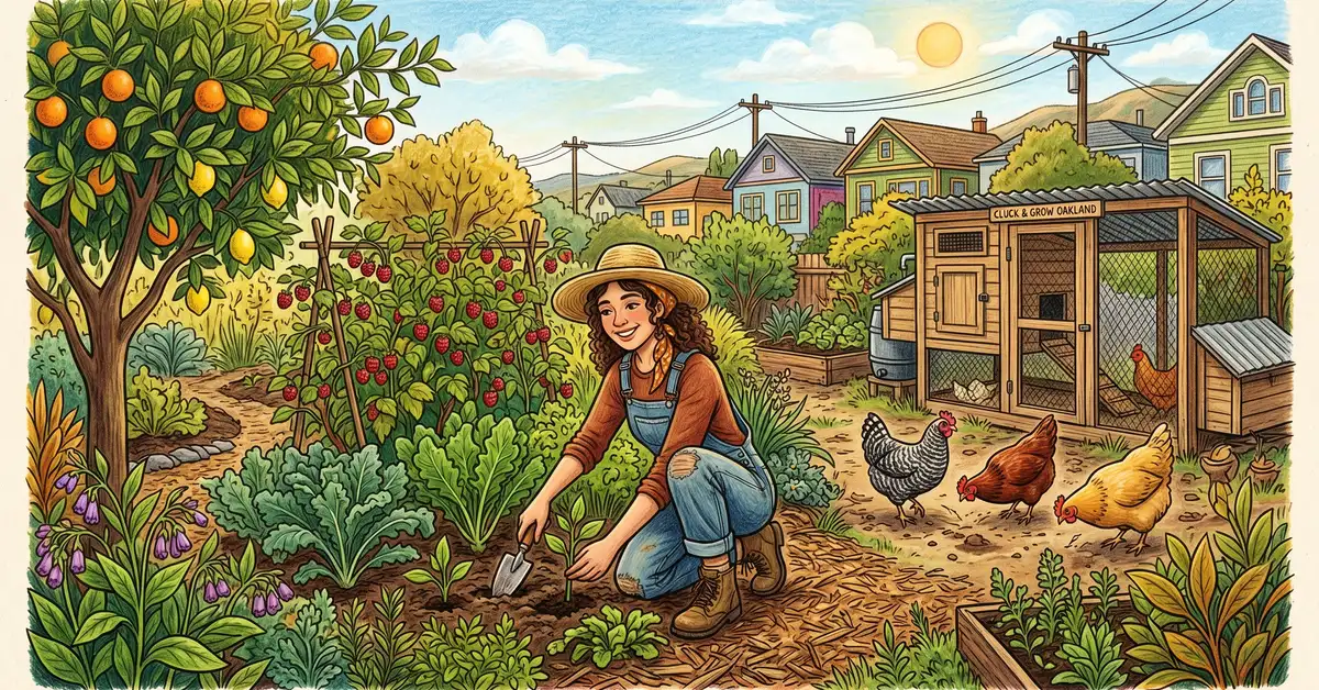 Young Gen Z homesteader sketching a permaculture zone map on a US backyard