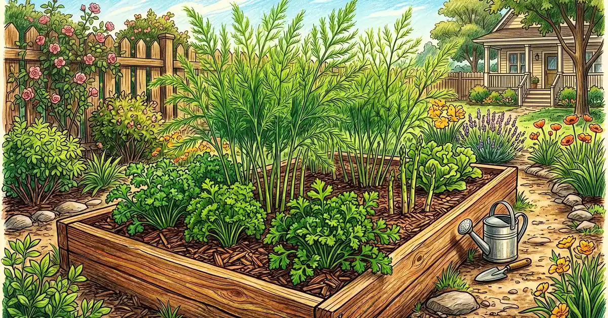 Asparagus and parsley garden bed in late spring with raised wooden beds and wood chip mulch
