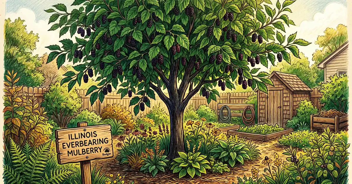 Illinois Everbearing mulberry tree with ripe purple berries in a Midwest food forest