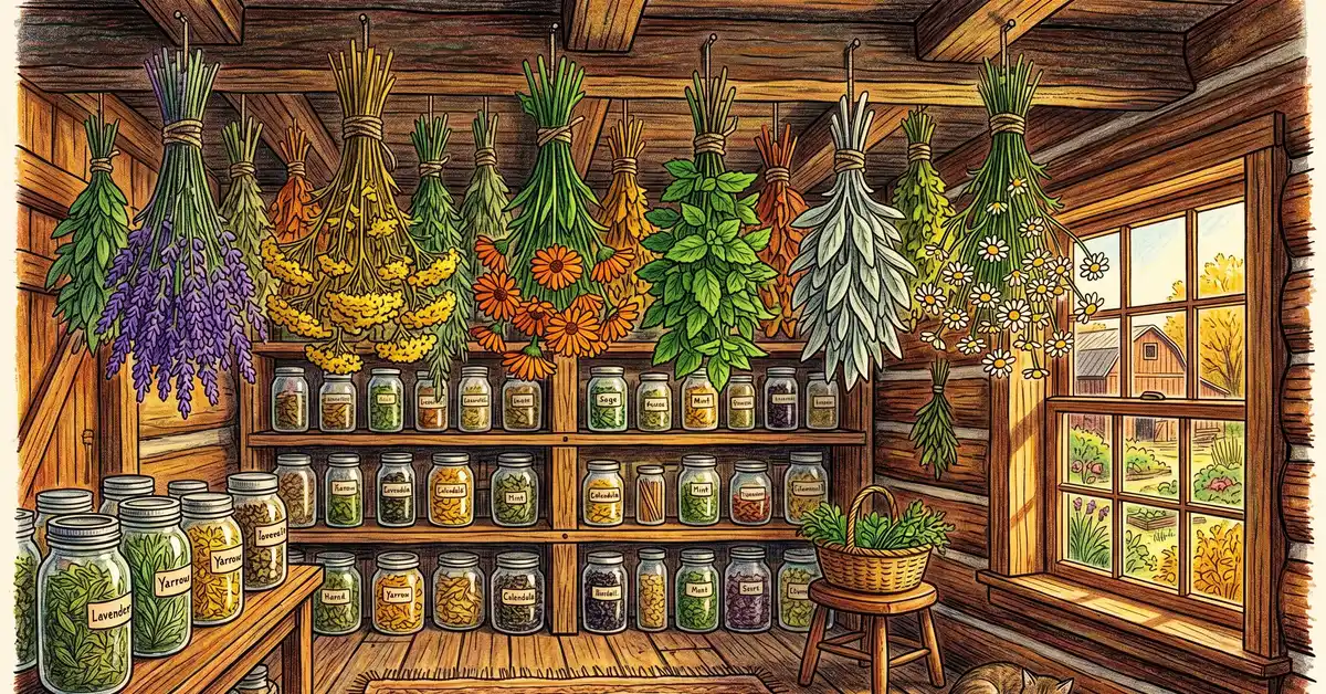 Dried medicinal herbs hanging in bundles from wooden ceiling beams with glass jars of dried herbs on shelves