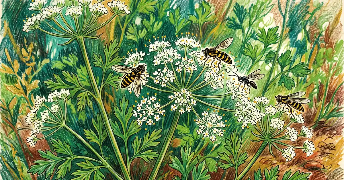 Second-year parsley going to flower with delicate white umbel blossoms attracting hoverflies and parasitic wasps