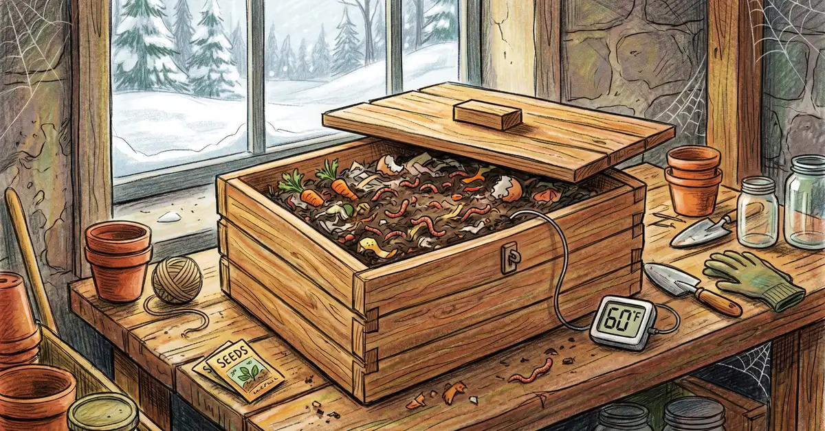 Wooden worm composting bin on a basement workbench with a digital thermometer showing 60 degrees F and snow visible through a basement window