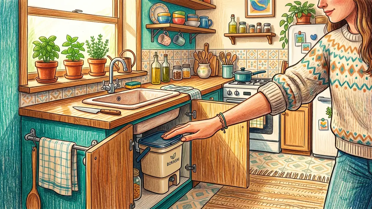 Pencil-crayon illustration of a compact bokashi composting bucket setup in a small apartment kitchen under the sink