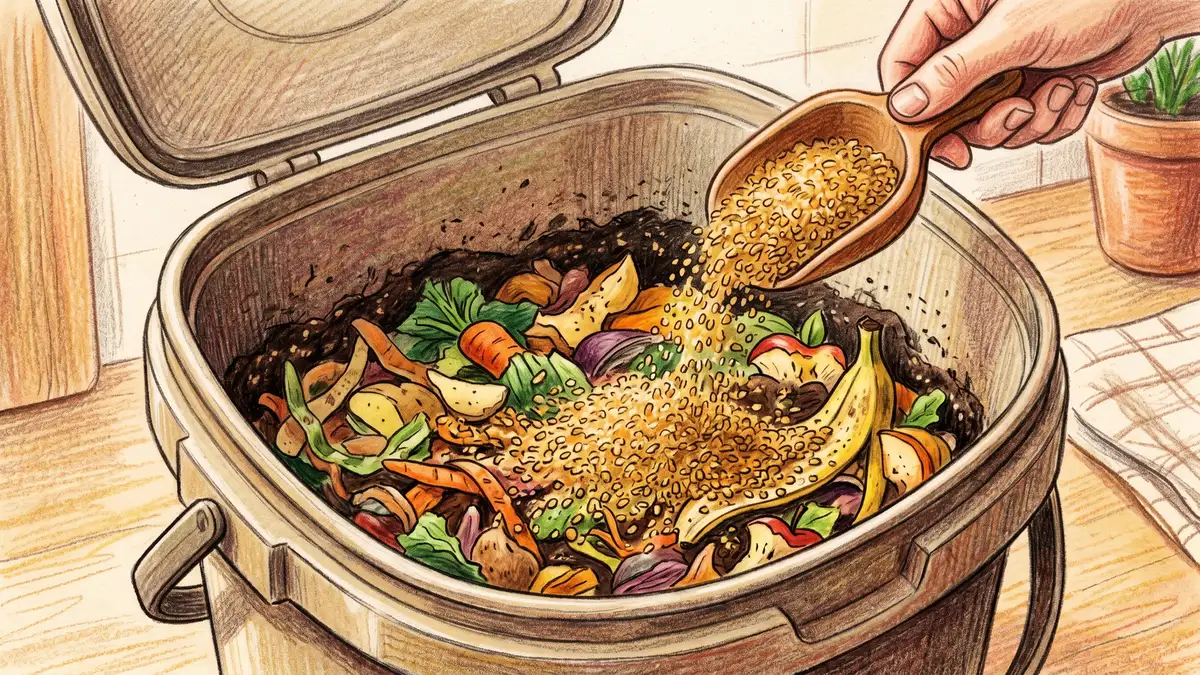 Pencil-crayon illustration of hands sprinkling bokashi bran inoculant over kitchen food scraps in a composting bucket