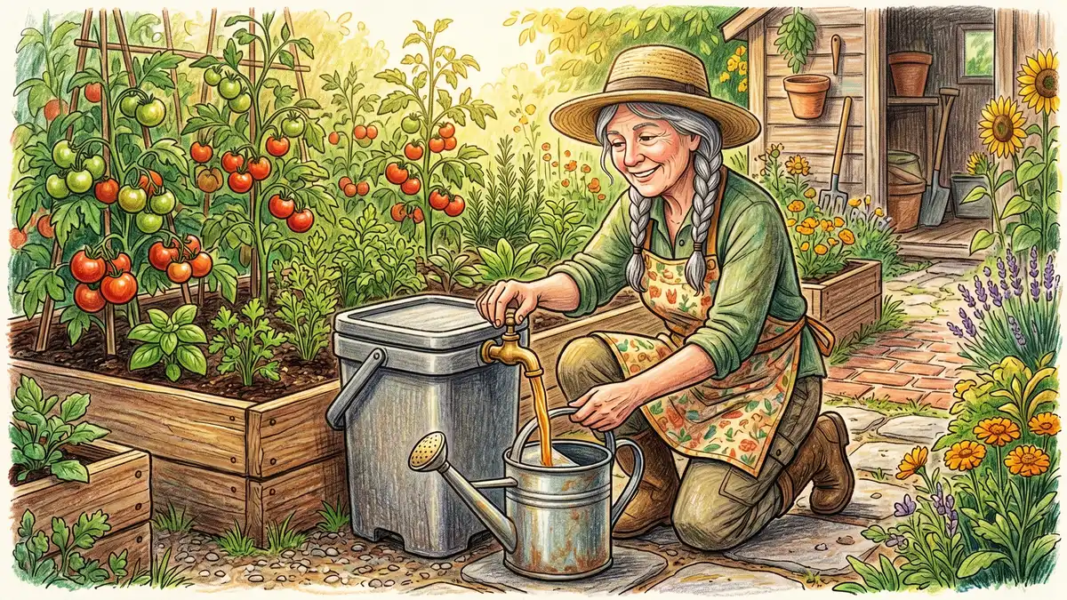 Pencil-crayon illustration showing nutrient-rich bokashi tea being drained from a spigot into a watering can for garden use
