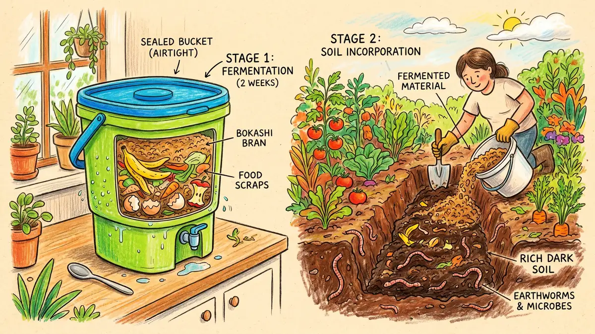 Pencil-crayon illustration showing the two-stage bokashi composting process from kitchen scraps to fermented soil amendment