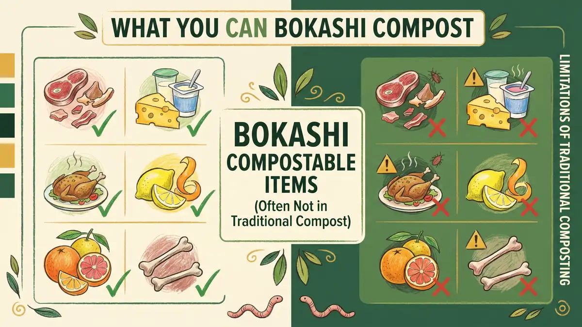 Pencil-crayon infographic showing what you can and cannot compost in a bokashi bucket including meat dairy citrus and cooked food