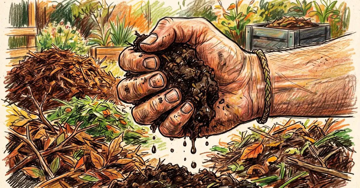 Close-up of a gardener squeezing a handful of moist compost to test moisture using the wrung-out sponge method for hot composting