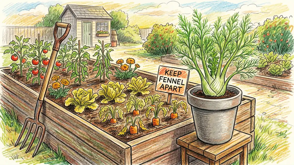 Garden scene showing fennel growing isolated in a container away from vegetables illustrating allelopathic companion planting incompatibility