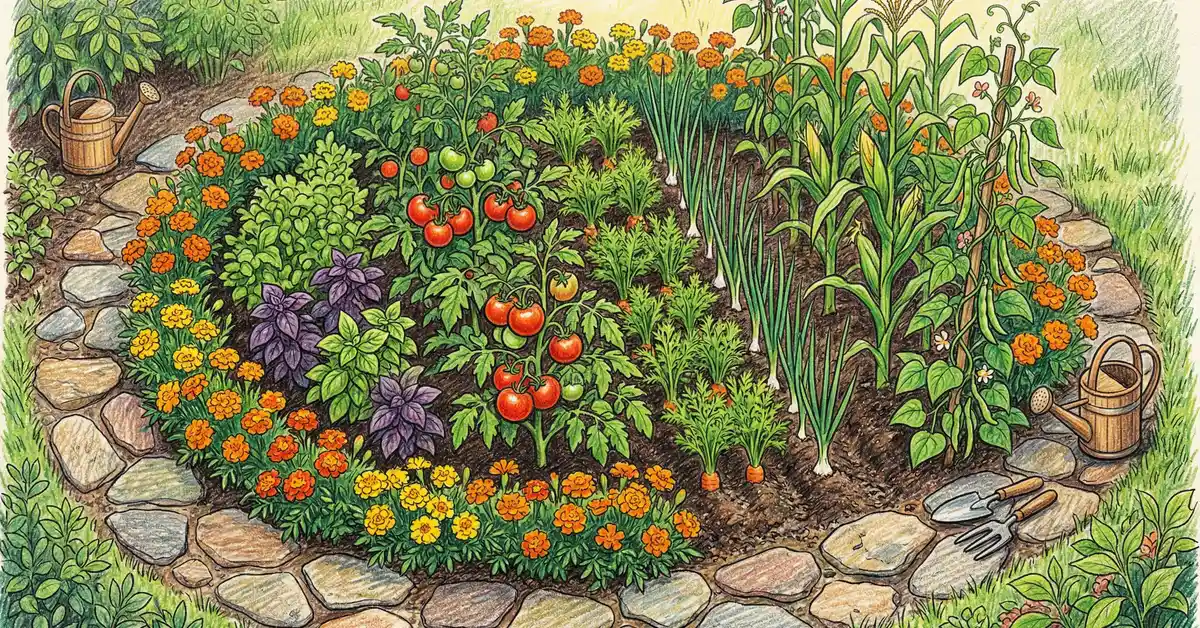Overhead view of a vibrant companion-planted vegetable garden with tomatoes, basil, marigolds, carrots, onions, and bean vines climbing corn stalks in warm pencil-crayon illustration style