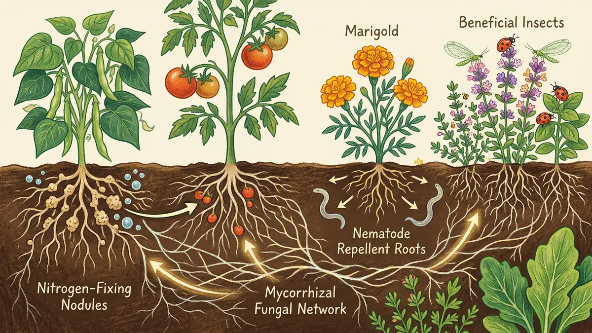 Infographic showing four companion planting mechanisms including nitrogen fixation in bean root nodules, mycorrhizal fungal networks, volatile pest masking, and beneficial insect attraction