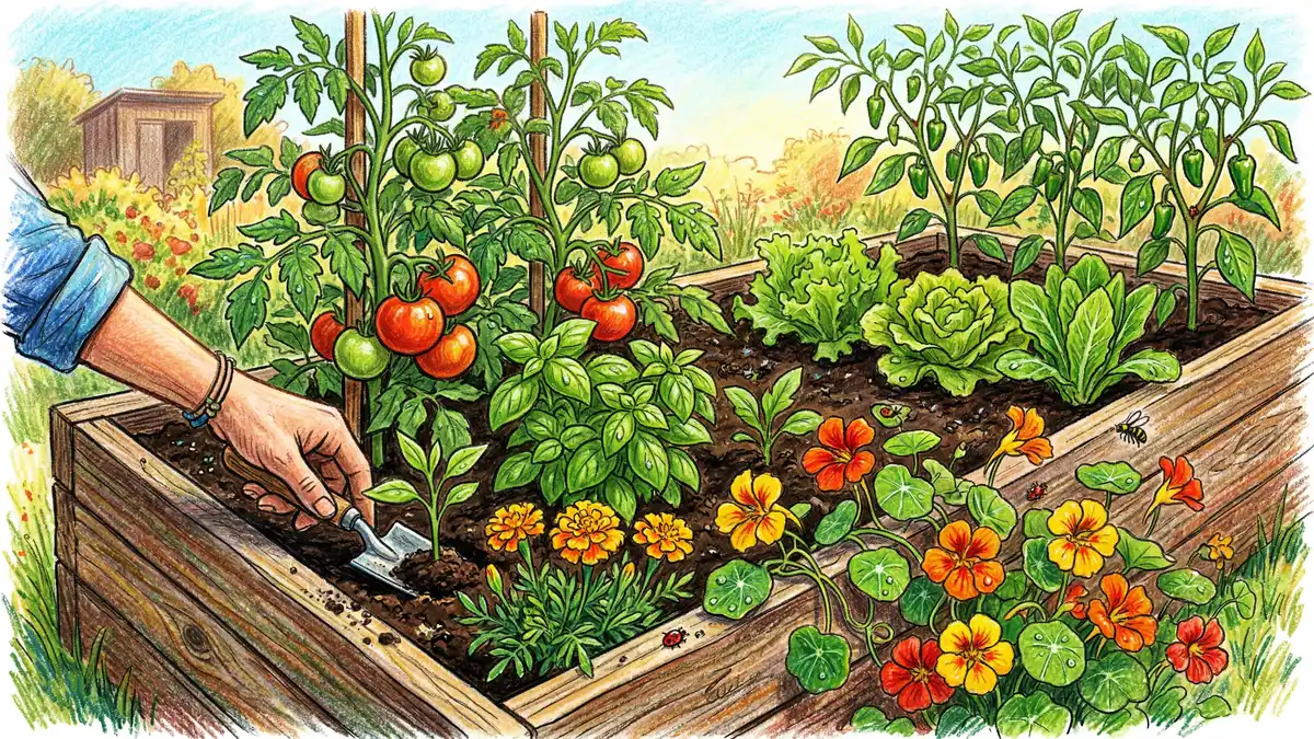 Raised garden bed showing companion planting pairs including tomatoes with basil and marigolds, lettuce in shade of pepper plants, and nasturtiums as trap crops