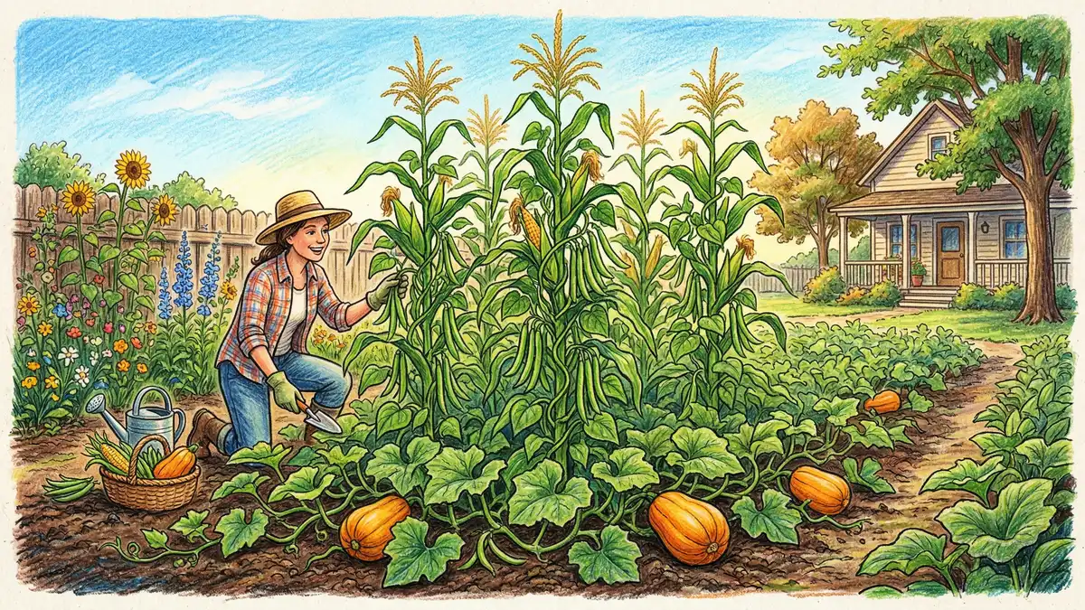 Three Sisters companion planting guild with corn stalks supporting climbing bean vines and squash leaves spreading as living mulch in warm pencil-crayon style