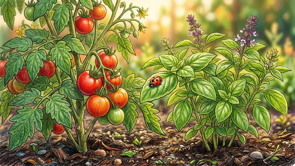 Tomato plant with ripening red fruit growing beside bushy sweet basil in a companion planting arrangement with warm golden light