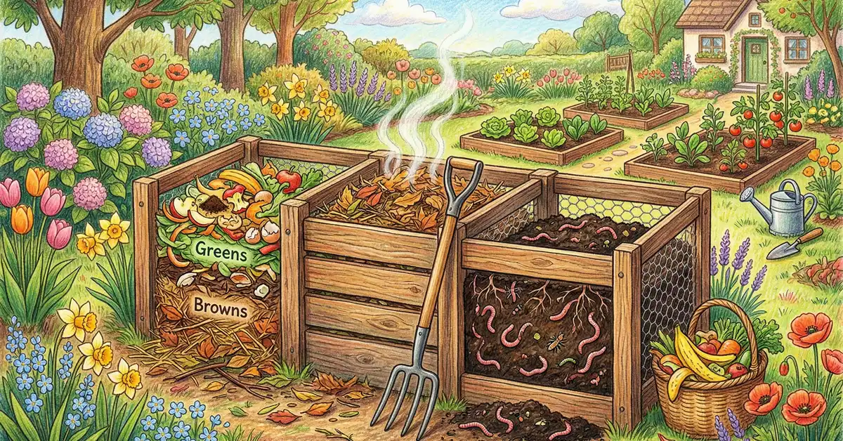 Pencil-crayon illustration of a beginner backyard composting setup with wooden three-bin system, layered browns and greens, steam rising, and spring garden