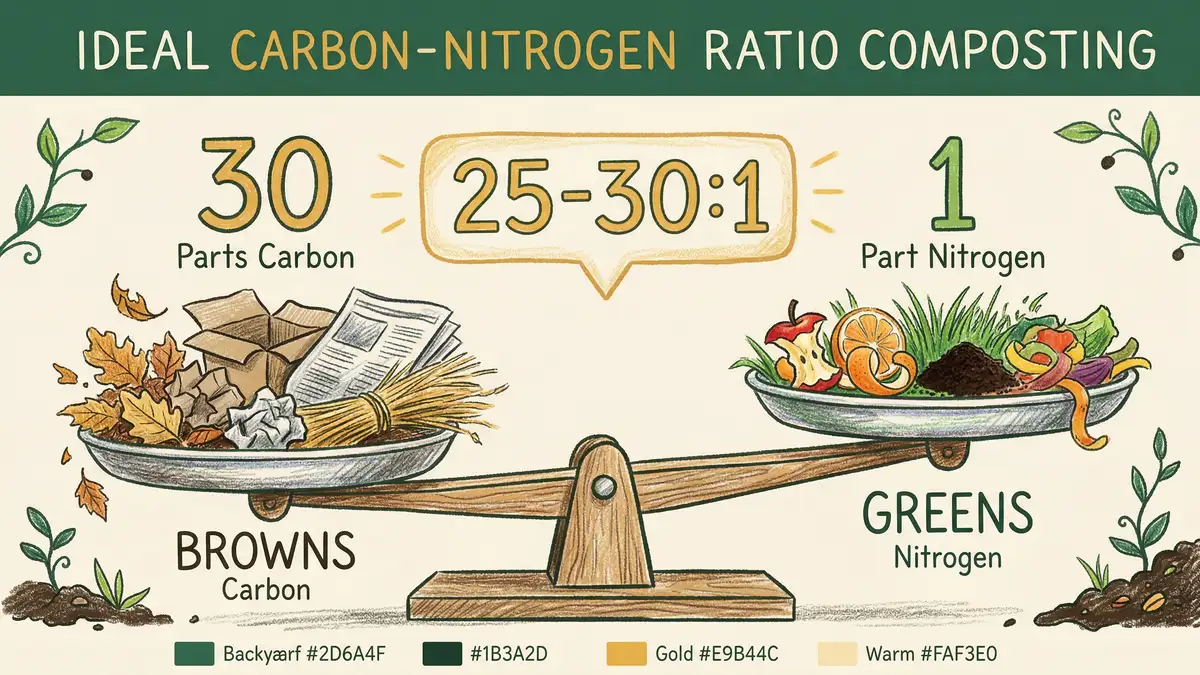 Pencil-crayon infographic showing the carbon-to-nitrogen ratio balance scale with brown and green composting materials and ideal 25-30:1 ratio