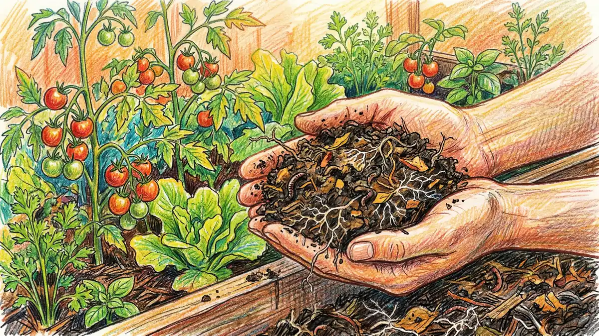 Pencil-crayon illustration of hands holding dark crumbly finished compost with visible earthworm castings over a thriving raised bed garden