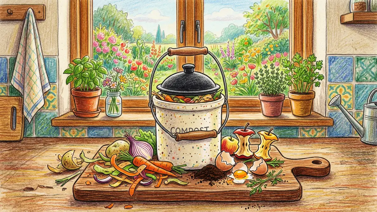 Pencil-crayon illustration of kitchen composting setup with ceramic crock, vegetable peelings, eggshells, and coffee grounds on a cutting board