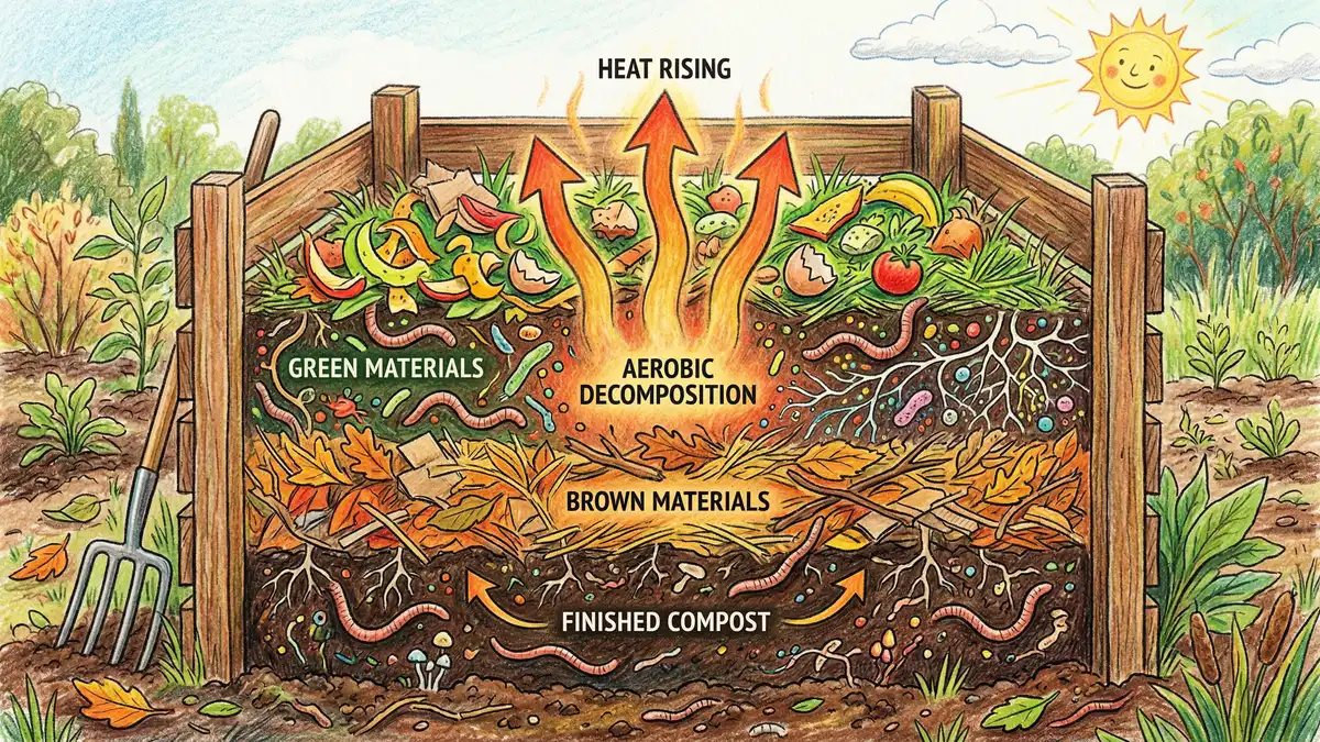 Pencil-crayon cross-section illustration showing alternating layers of brown and green composting materials with earthworms and heat rising inside a wooden bin