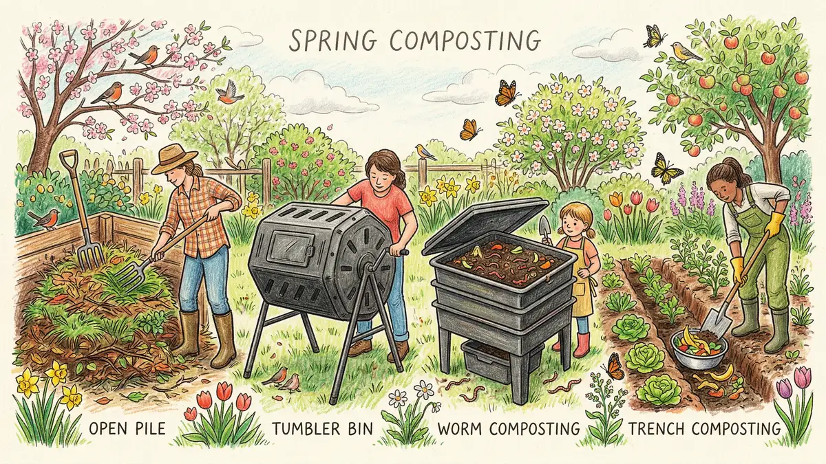 Pencil-crayon illustration comparing four composting methods side by side: open pile, tumbler, worm bin, and trench composting in a spring garden