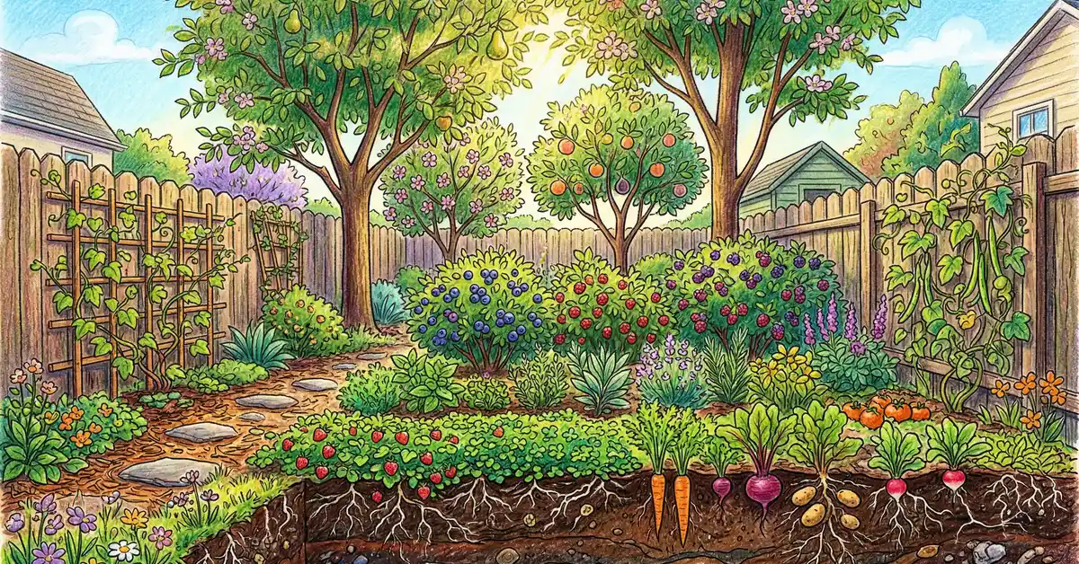 Pencil-crayon illustration of a lush food forest showing all seven vertical layers from canopy to root zone in a small backyard garden