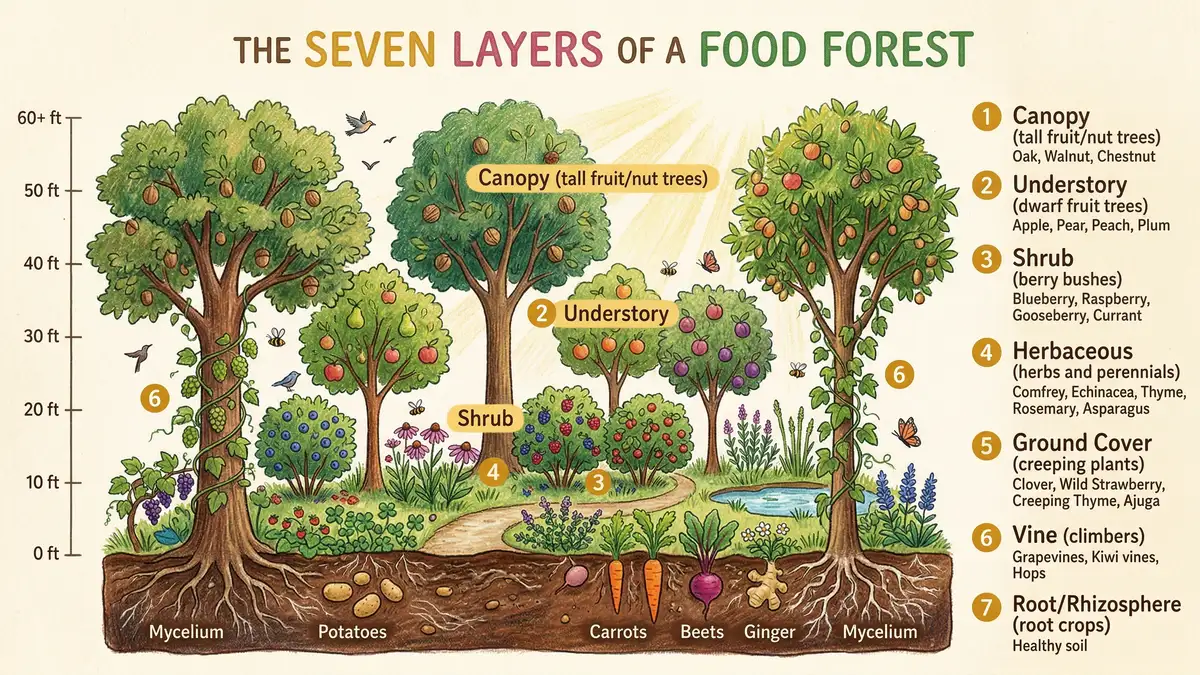 Pencil-crayon infographic showing cross-section of seven food forest layers from canopy to root zone with height markers
