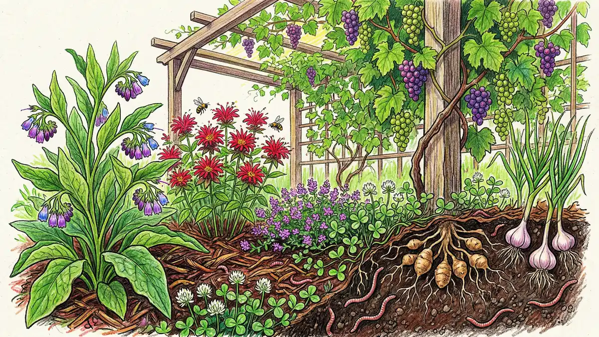 Pencil-crayon close-up of food forest lower layers showing comfrey, creeping thyme ground cover, grape vine on trellis, and soil cross-section with root vegetables