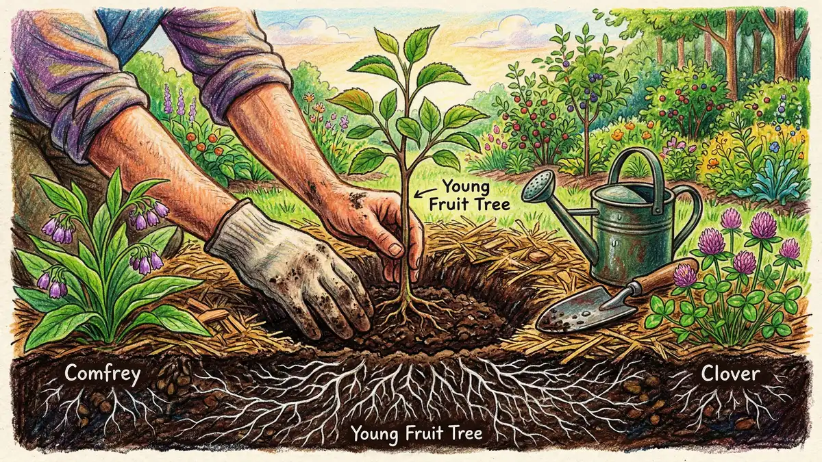 Pencil-crayon illustration of hands planting a young fruit tree with mycorrhizal root network visible in soil cross-section