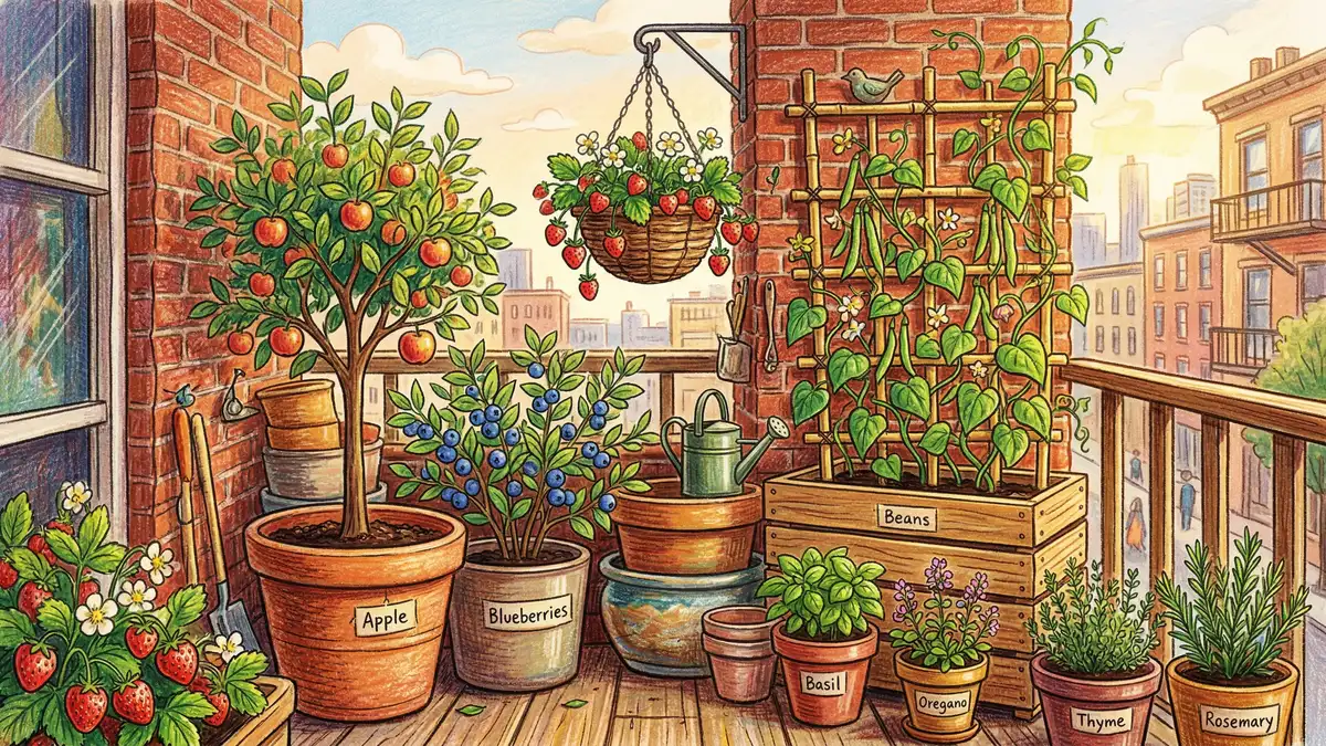 Pencil-crayon illustration of urban balcony container food forest with dwarf apple tree, blueberry pots, hanging strawberries, and climbing bean vine