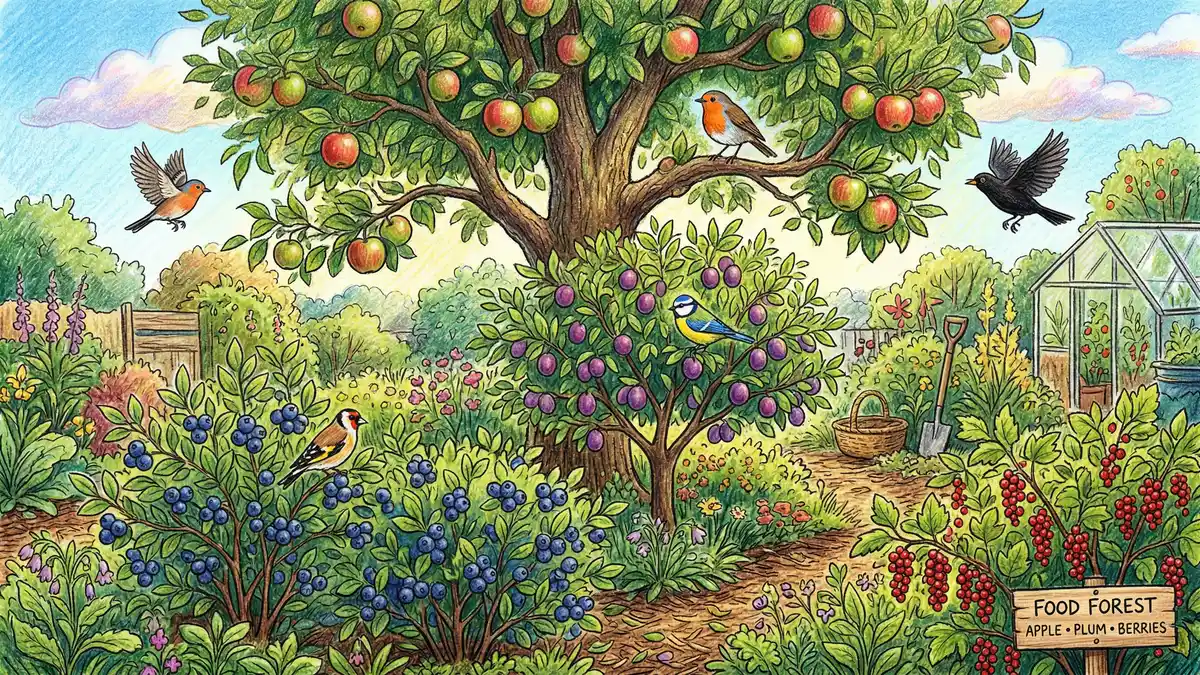 Pencil-crayon illustration of food forest upper layers showing canopy apple tree, understory plum, and shrub layer with blueberry and currant bushes