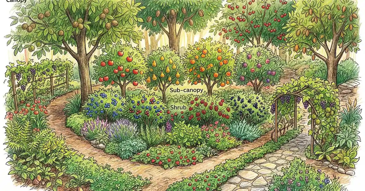 Overhead view of a mature food forest garden showing seven productive layers from canopy fruit trees to ground cover plants in pencil-crayon illustration style