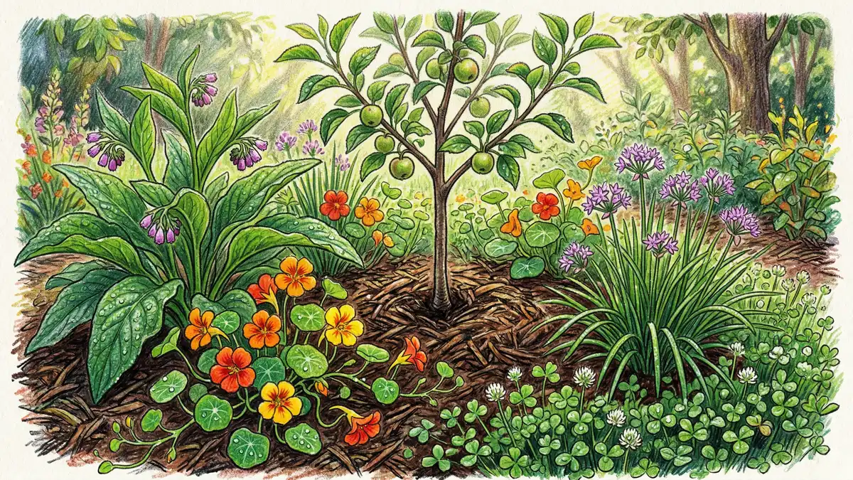 Close-up of a food forest guild planting with a young apple tree surrounded by comfrey, nasturtiums, garlic chives, and white clover ground cover