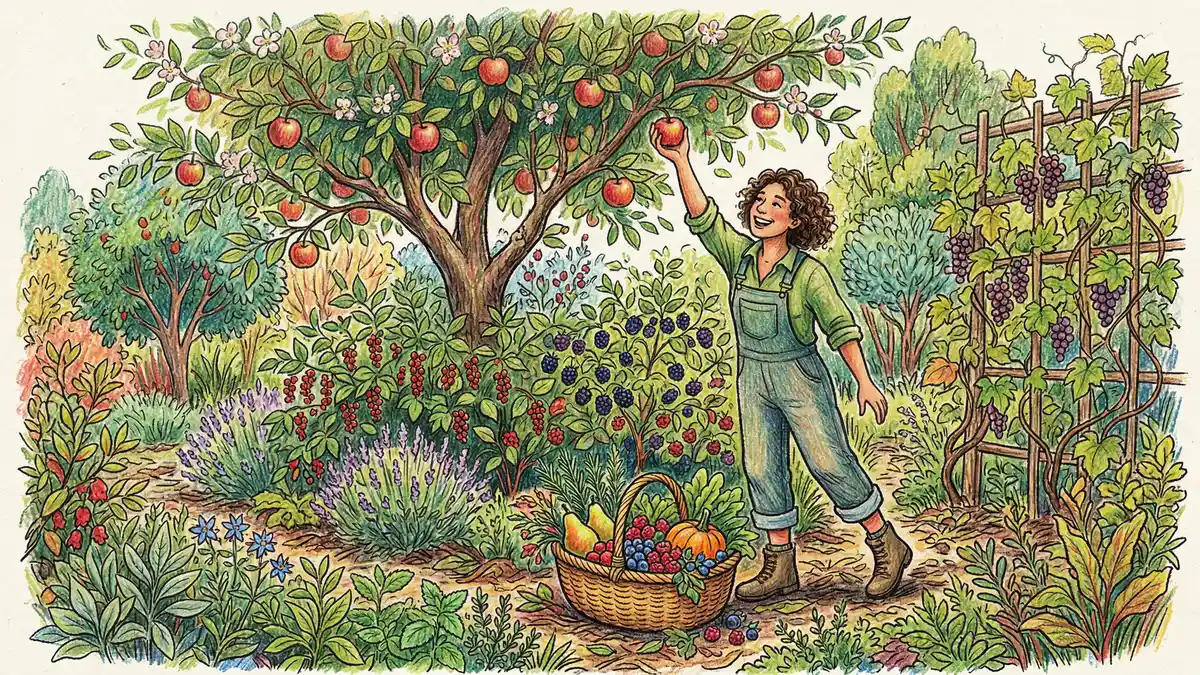 Person harvesting ripe apples and berries from a mature food forest garden with an overflowing basket of diverse fruits and vegetables