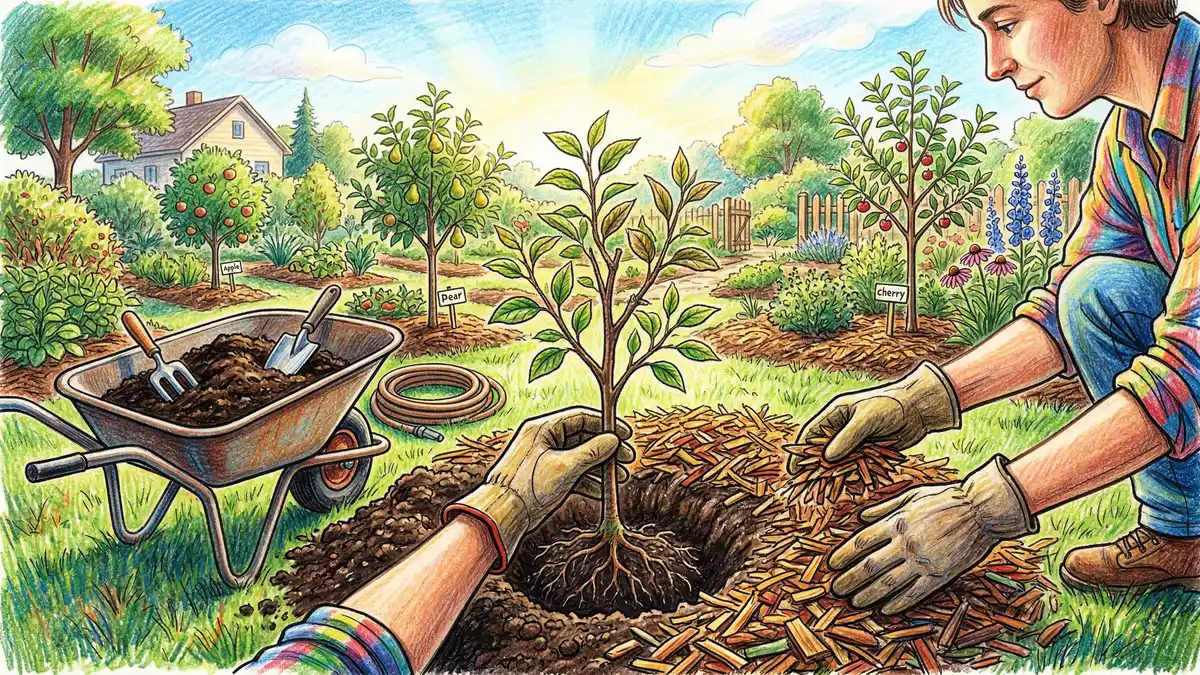 Gardener planting a young fruit tree sapling in rich soil with wood chip mulch during food forest establishment in a sunny backyard