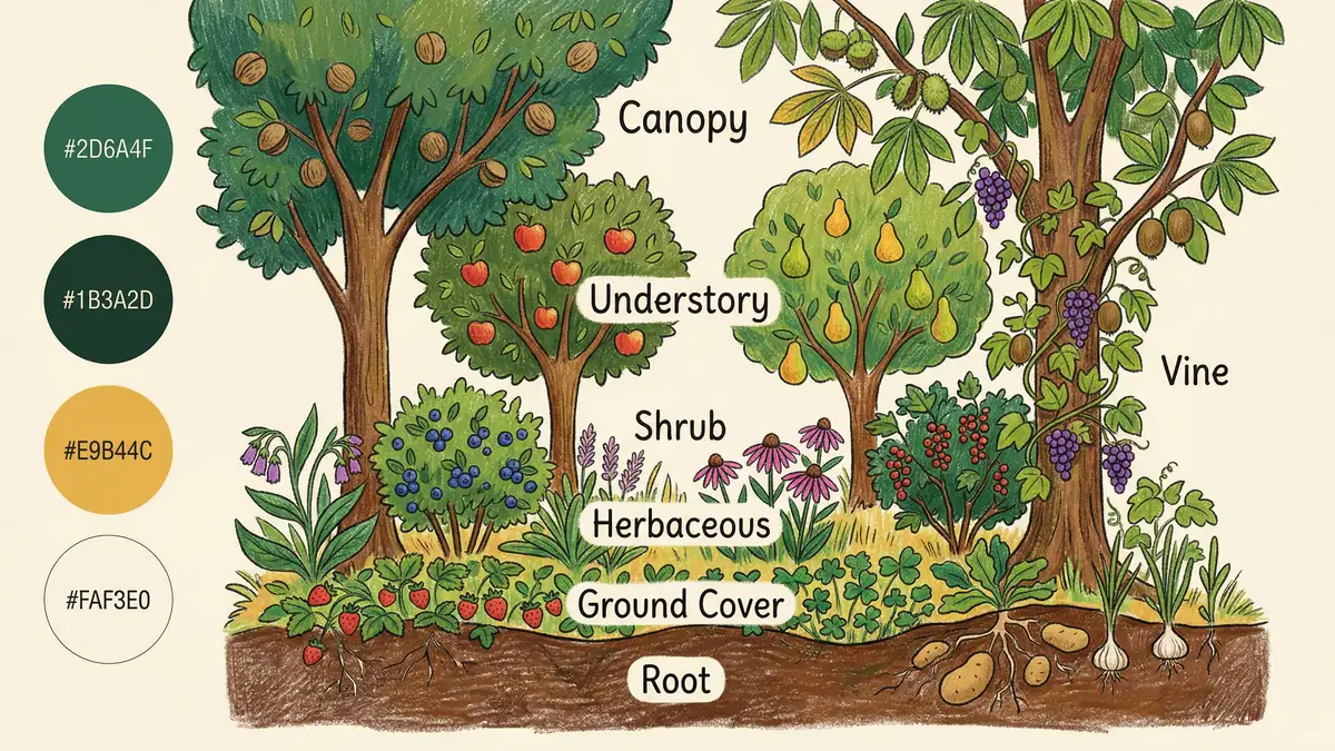 Illustrated cross-section diagram showing the seven layers of a food forest from canopy trees down to root vegetables in pencil-crayon style