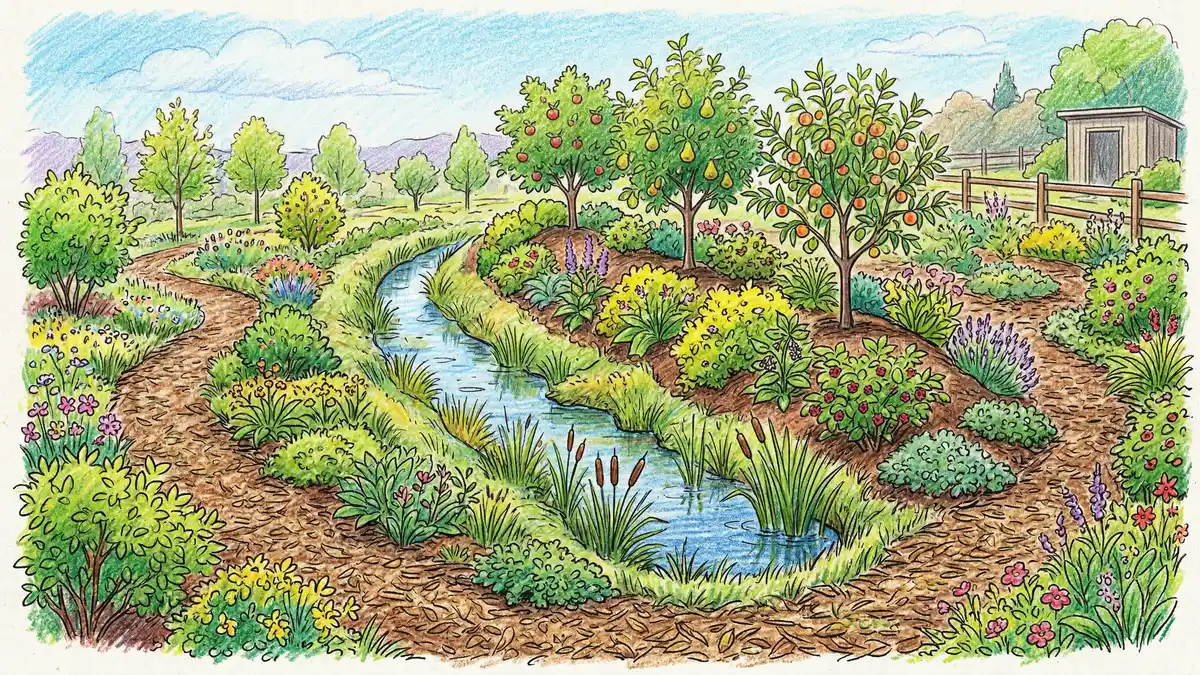 Food forest swale water management feature showing a curved berm planted with fruit trees alongside a rainwater-collecting channel