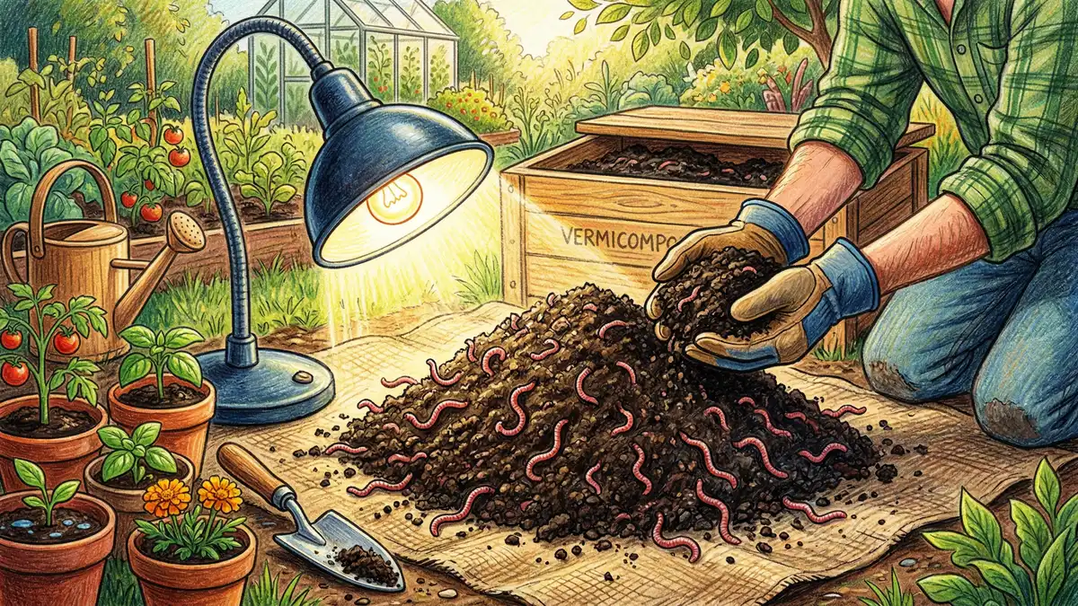 Pencil-crayon illustration of gardener's hands harvesting dark finished vermicompost using the light method with a bright lamp