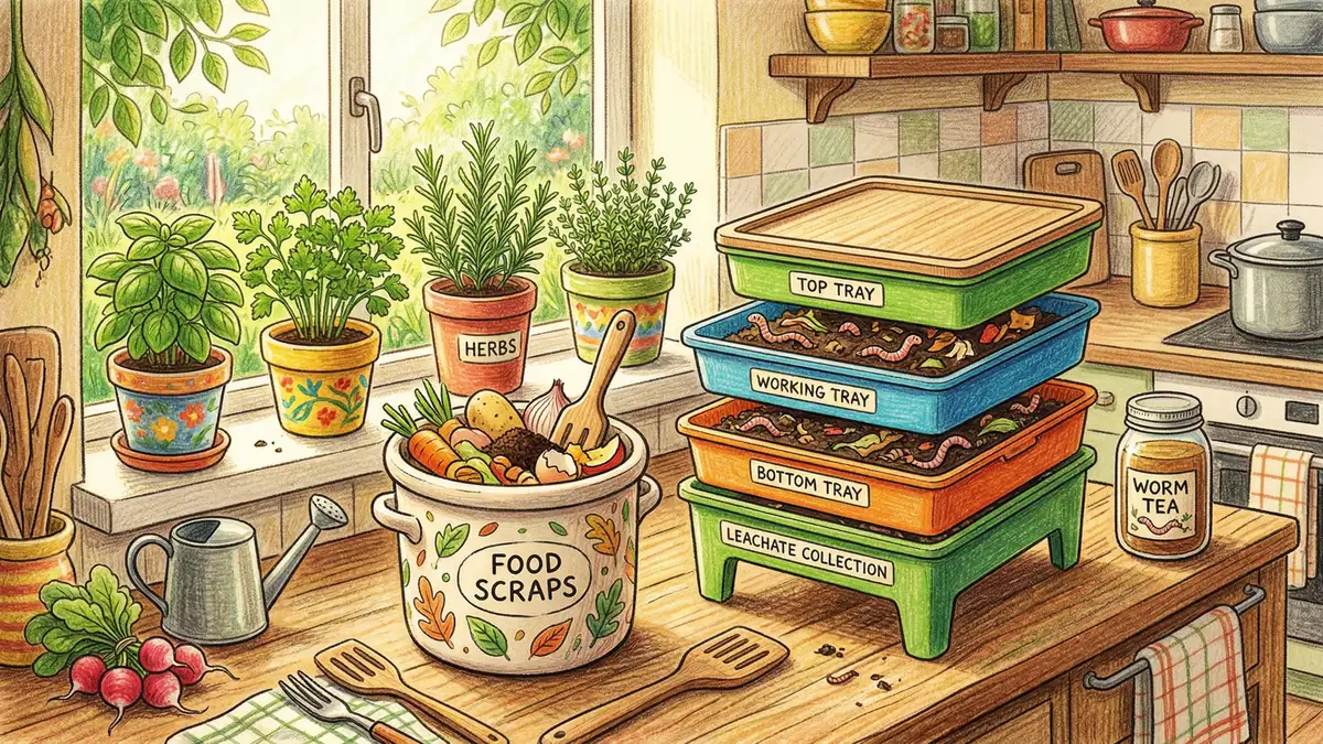 Pencil-crayon illustration of a cozy kitchen countertop with an indoor worm composting bin next to food scraps and herb plants