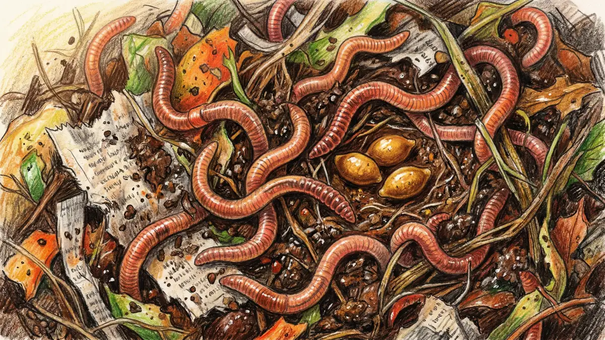 Close-up pencil-crayon illustration of red wiggler worms in dark moist compost bedding with golden worm cocoons visible