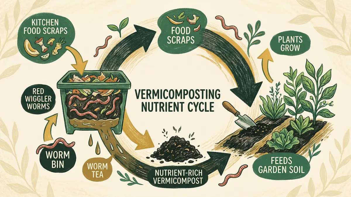 Pencil-crayon infographic showing the vermicomposting nutrient cycle from kitchen scraps through worm bin to garden soil and back