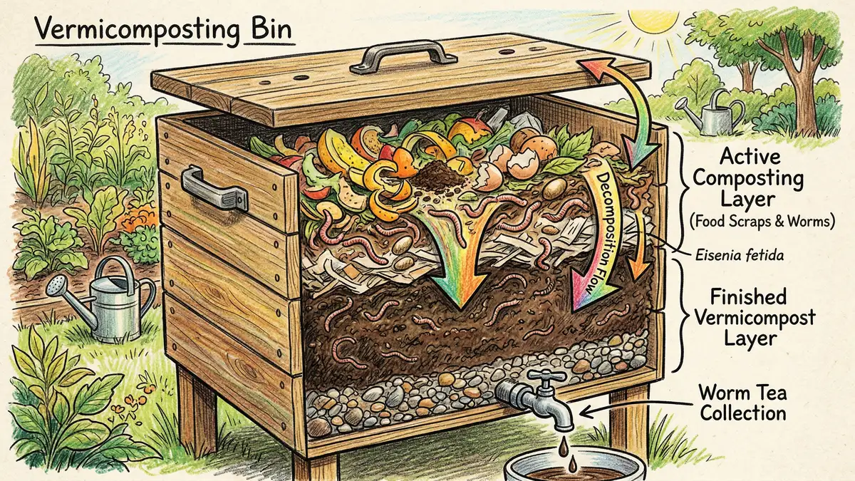 Cross-section illustration of a worm composting bin showing layers of bedding, food scraps, red wiggler worms, and finished vermicompost