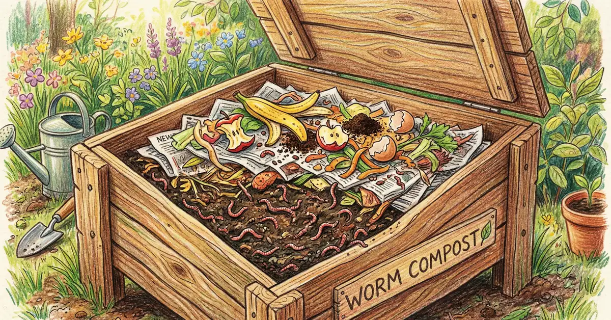 Red wiggler worms working through rich vermicompost in a worm bin, pencil-crayon illustration
