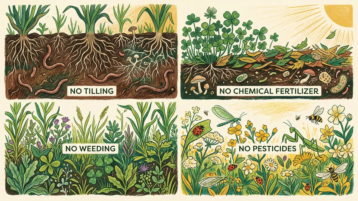 Infographic illustrating Masanobu Fukuoka's four principles of natural farming: no tilling, no fertiliser, no weeding, no pesticides