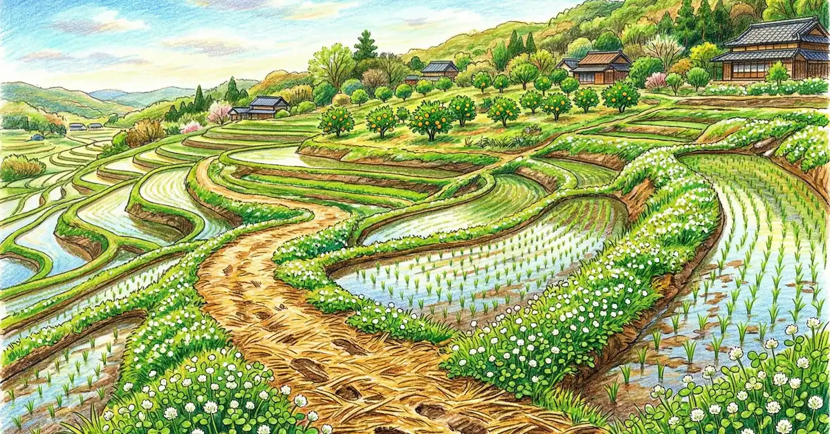 Japanese terraced rice paddies with white clover ground cover and citrus trees, illustrating Masanobu Fukuoka's natural farming landscape